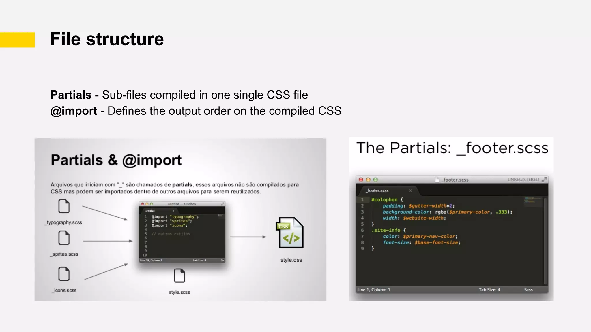 File structure
Partials - Sub-files compiled in one single CSS file
@import - Defines the output order on the compiled CSS
 