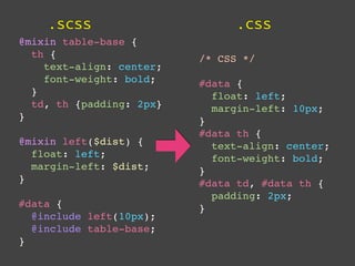 .scss                       .css
@mixin table-base {
  th {                    /* CSS */
    text-align: center;
    font-weight: bold;    #data {
  }                         float: left;
  td, th {padding: 2px}     margin-left: 10px;
}                         }
                          #data th {
@mixin left($dist) {        text-align: center;
  float: left;              font-weight: bold;
  margin-left: $dist;     }
}                         #data td, #data th {
                            padding: 2px;
#data {                   }
  @include left(10px);
  @include table-base;
}
 