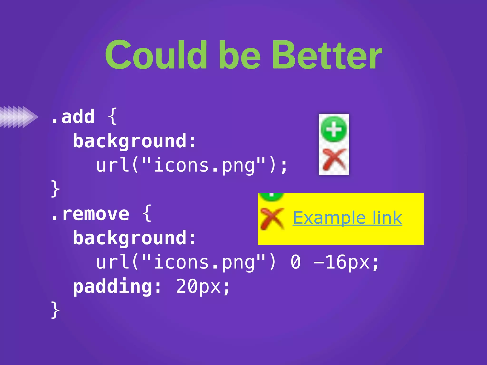 Could be Better
.add {
  background:
    url("icons.png");
}
.remove {             Example link
  background:
    url("icons.png") 0 -16px;
  padding: 20px;
}
 