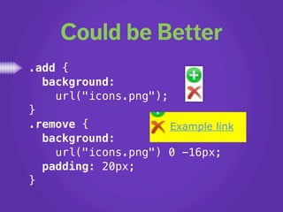 Could be Better
.add {
  background:
    url("icons.png");
}
.remove {             Example link
  background:
    url("icons.png") 0 -16px;
  padding: 20px;
}
 