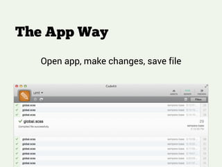 The App Way
Open app, make changes, save file
 