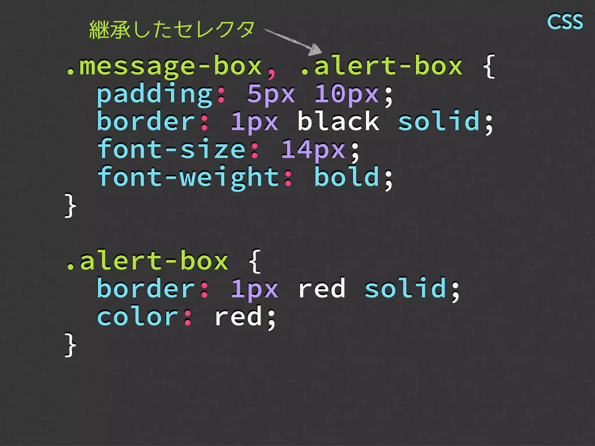 .message-box, .alert-box {
padding: 5px 10px;
border: 1px black solid;
font-size: 14px;
font-weight: bold;
}
.alert-box {
border: 1px red solid;
color: red;
}
CSS継承したセレクタ
 
