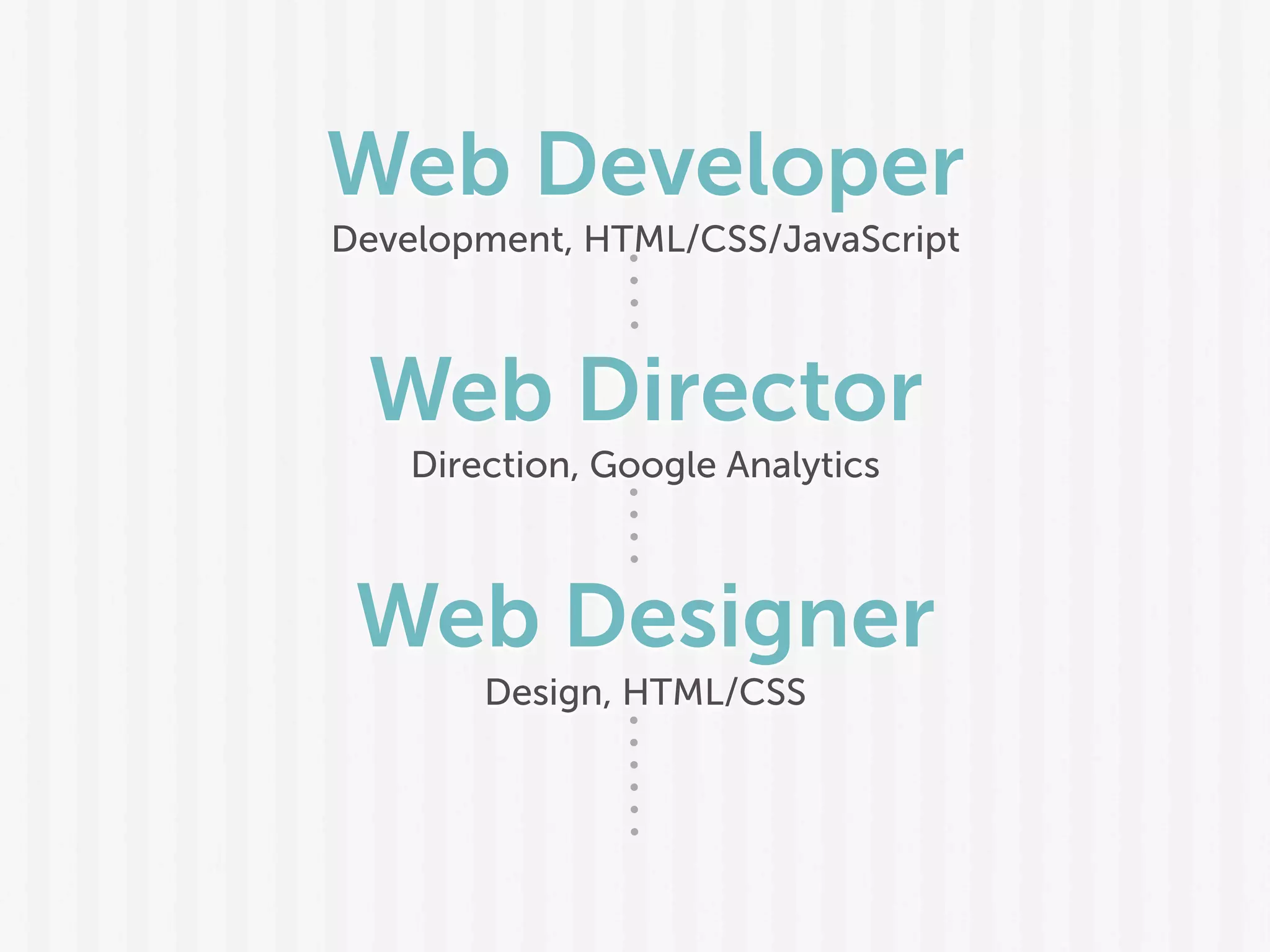 Web Developer
Development, HTML/CSS/JavaScript
Web Director
Direction, Google Analytics
Web Designer
Design, HTML/CSS
 
