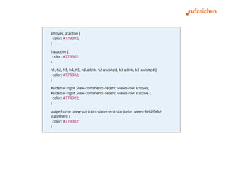 a:hover, a:active {
  color: #77B302;
}

li a.active {
  color: #77B302;
}

h1, h2, h3, h4, h5, h2 a:link, h2 a:visited, h3 a:link, h3 a:visited {
  color: #77B302;
}

#sidebar-right .view-comments-recent .views-row a:hover,
#sidebar-right .view-comments-recent .views-row a:active {
  color: #77B302;
}

.page-home .view-portraits-statement-startseite .views-field-field-
statement {
  color: #77B302;
}
 