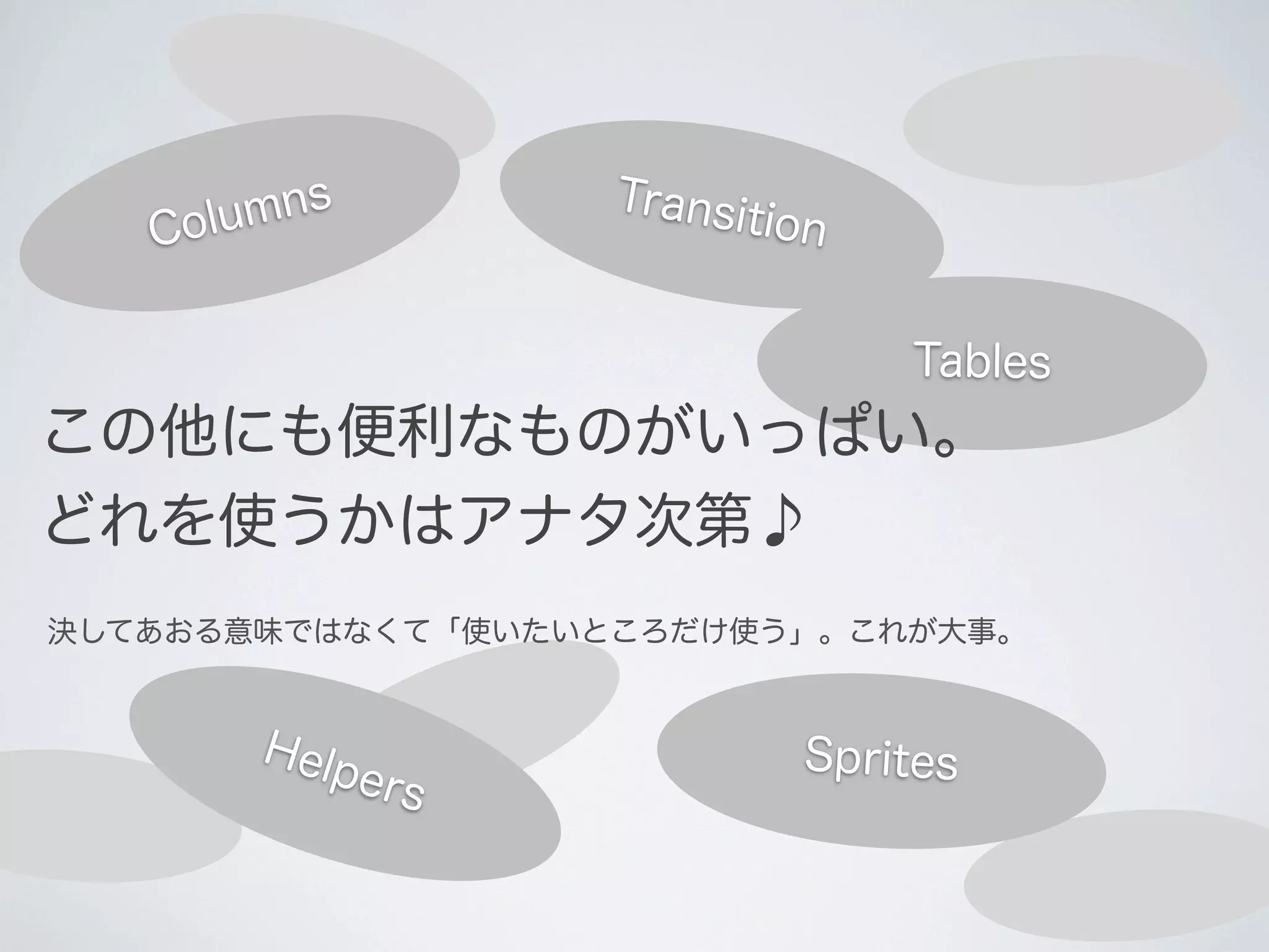 Transi
tion

mns
Colu

Tables

この他にも便利なものがいっぱい。
どれを使うかはアナタ次第♪
決してあおる意味ではなくて「使いたいところだけ使う」。これが大事。

Help
e

rs

Sprites

 