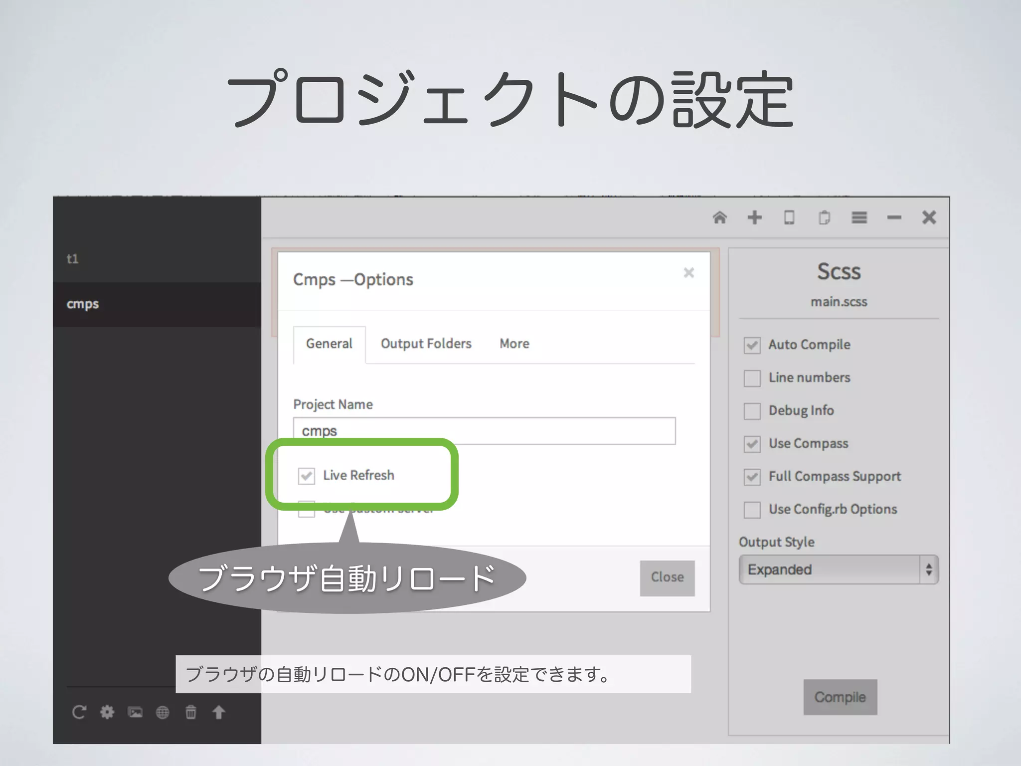 プロジェクトの設定

ブラウザ自動リロード
ブラウザの自動リロードのON/OFFを設定できます。

 