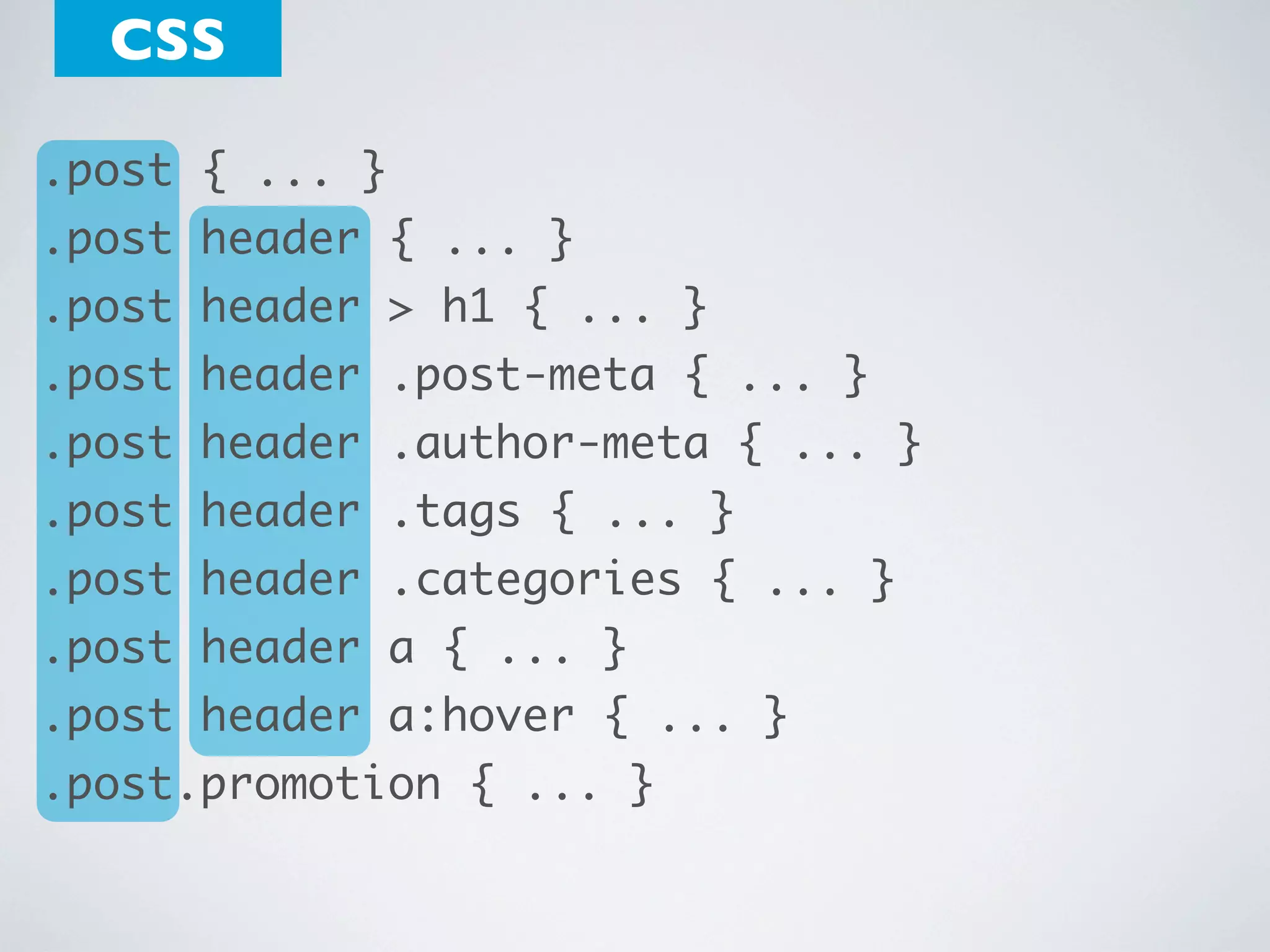 CSS
.post { ... }
.post header { ... }
.post header > h1 { ... }
.post header .post-meta { ... }
.post header .author-meta { ... }
.post header .tags { ... }
.post header .categories { ... }
.post header a { ... }
.post header a:hover { ... }
.post.promotion { ... }

 