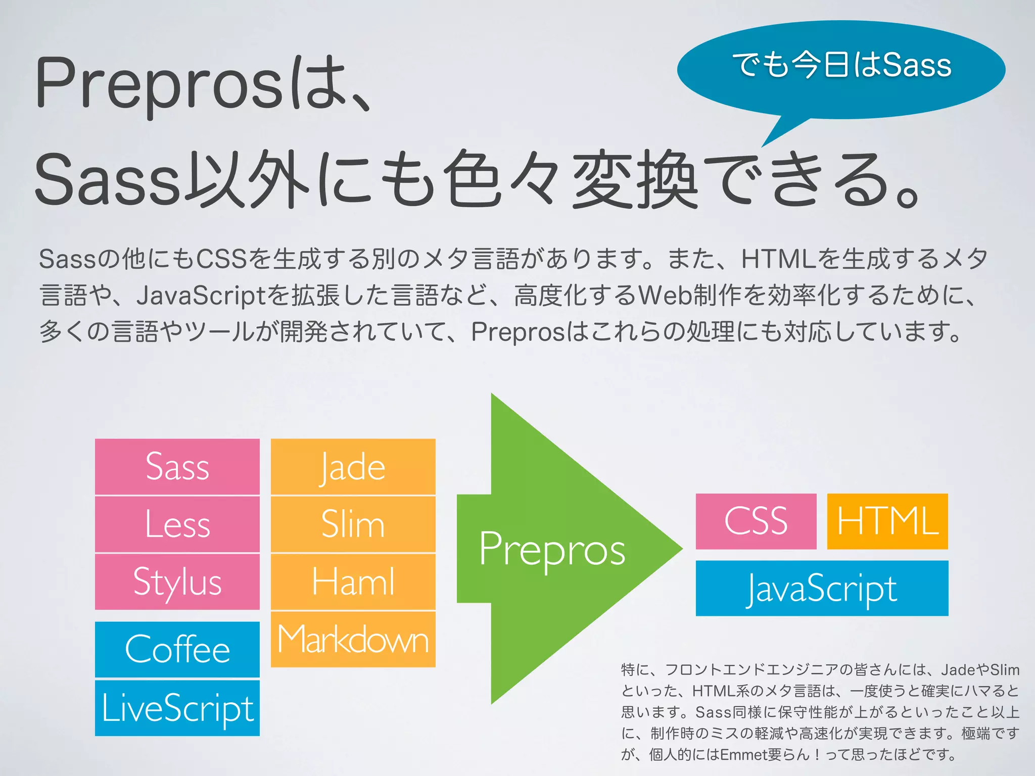 でも今日はSass

Preprosは、
Sass以外にも色々変換できる。
Sassの他にもCSSを生成する別のメタ言語があります。また、HTMLを生成するメタ
言語や、JavaScriptを拡張した言語など、高度化するWeb制作を効率化するために、
多くの言語やツールが開発されていて、Preprosはこれらの処理にも対応しています。

Sass
Less
Stylus
Coffee
LiveScript

Jade
Slim
Haml
Markdown

Prepros

CSS

HTML

JavaScript

特に、フロントエンドエンジニアの皆さんには、JadeやSlim
といった、HTML系のメタ言語は、一度使うと確実にハマると
思います。Sass同様に保守性能が上がるといったこと以上
に、制作時のミスの軽減や高速化が実現できます。極端です
が、個人的にはEmmet要らん！って思ったほどです。

 