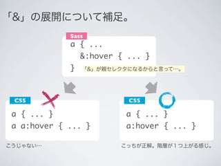 ｢&」の展開について補足。
Sass

a { ...
	 &:hover { ... }
}

｢&」が親セレクタになるからと言って…。

CSS

CSS

a { ... }

a { ... }

a a:hover { ... }

...