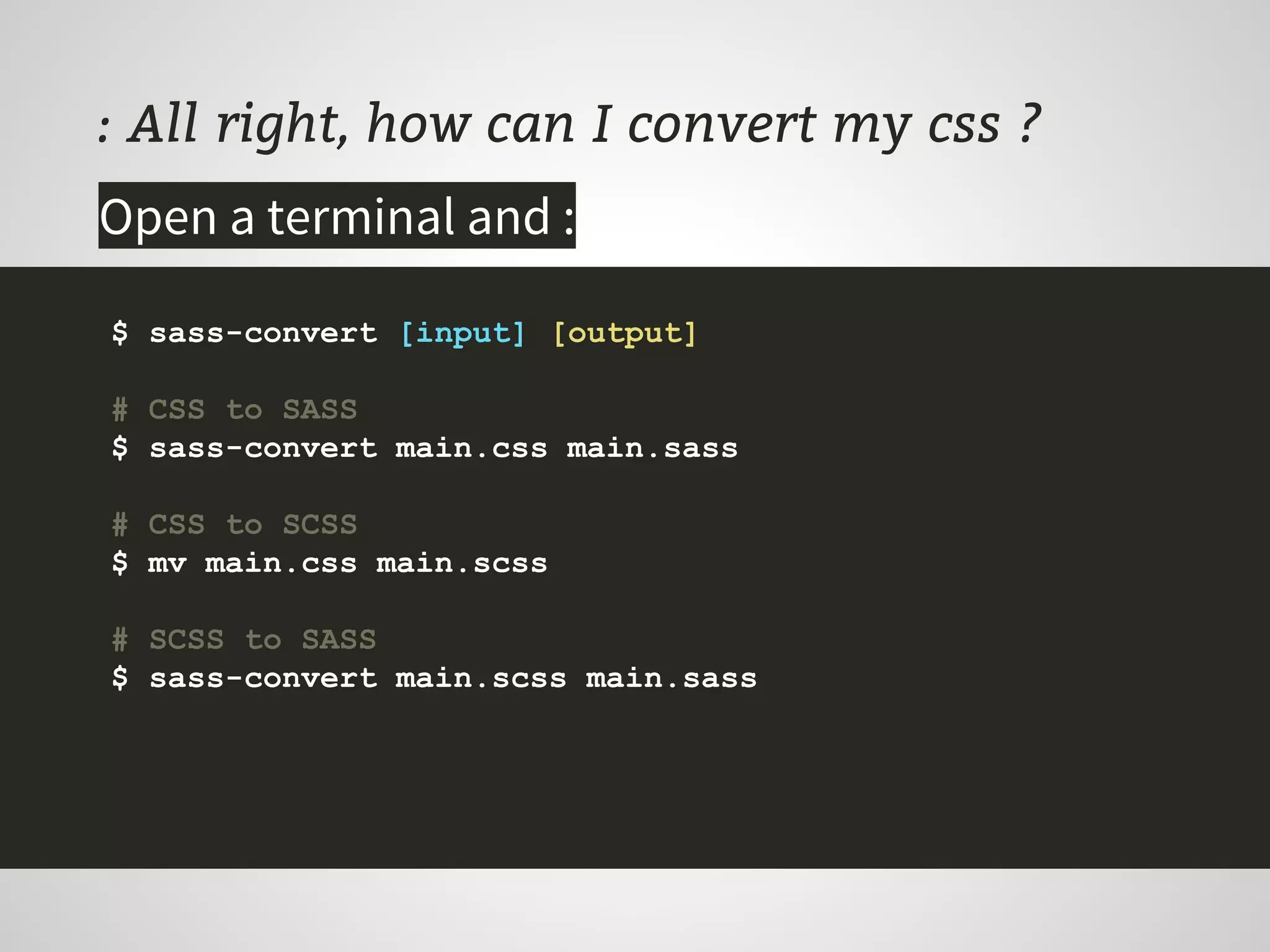 : All right, how can I convert my css ?
$ sass-convert [input] [output]
# CSS to SASS
$ sass-convert main.css main.sass
# CSS to SCSS
$ mv main.css main.scss
# SCSS to SASS
$ sass-convert main.scss main.sass
Open a terminal and :
 