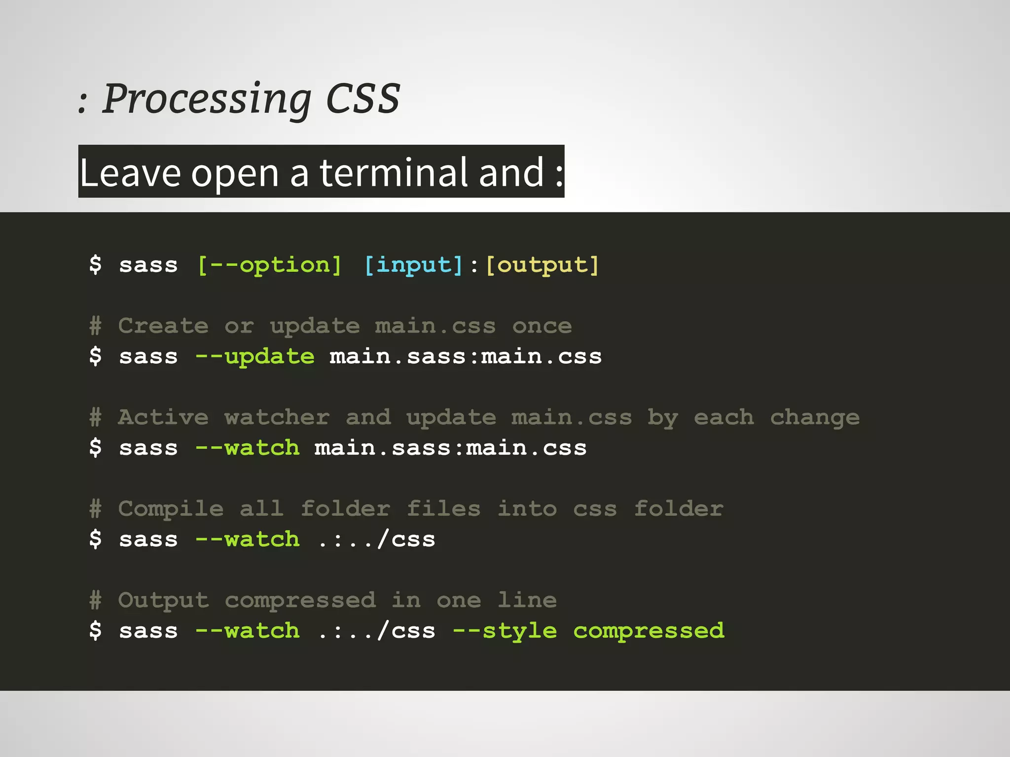 : Processing CSS
$ sass [--option] [input]:[output]
# Create or update main.css once
$ sass --update main.sass:main.css
# Active watcher and update main.css by each change
$ sass --watch main.sass:main.css
# Compile all folder files into css folder
$ sass --watch .:../css
# Output compressed in one line
$ sass --watch .:../css --style compressed
Leave open a terminal and :
 