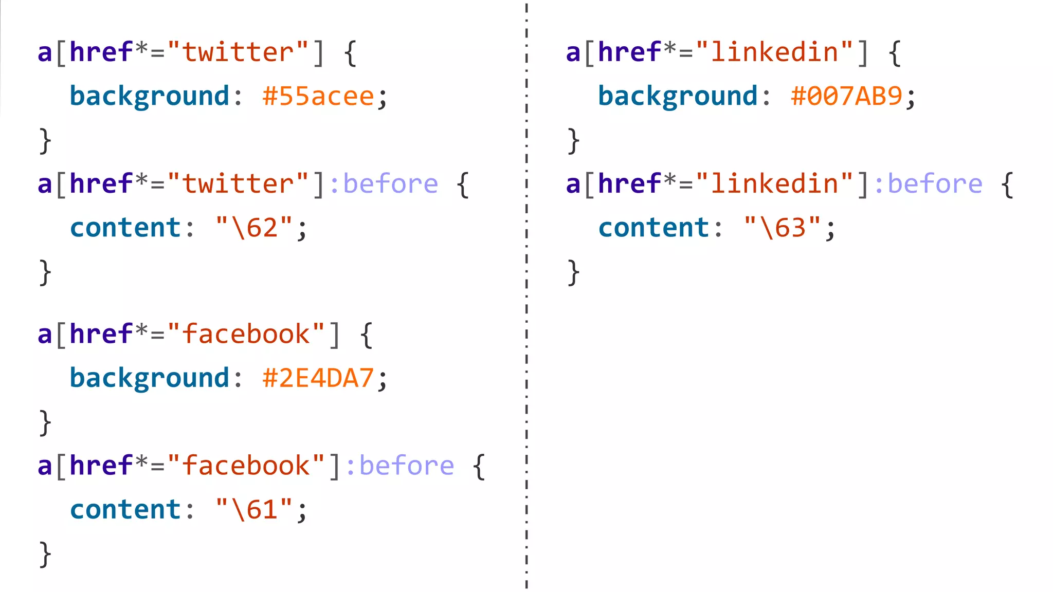 a[href*="twitter"] {
background: #55acee;
}
a[href*="twitter"]:before {
content: "62";
}
a[href*="facebook"] {
background: #2E4DA7;
}
a[href*="facebook"]:before {
content: "61";
}
a[href*="linkedin"] {
background: #007AB9;
}
a[href*="linkedin"]:before {
content: "63";
}
 
