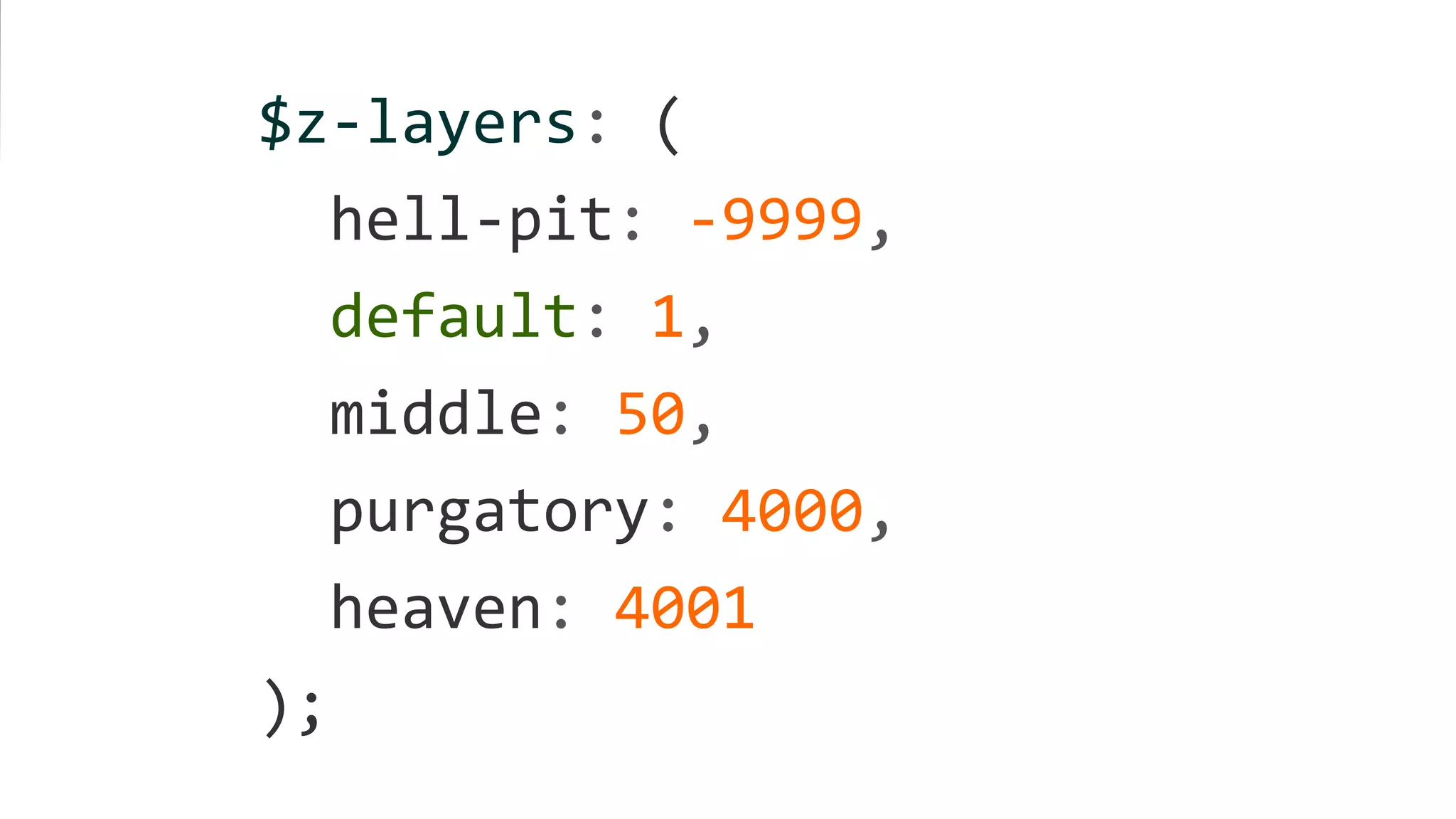 $z-layers: (
hell-pit: -9999,
default: 1,
middle: 50,
purgatory: 4000,
heaven: 4001
);
 