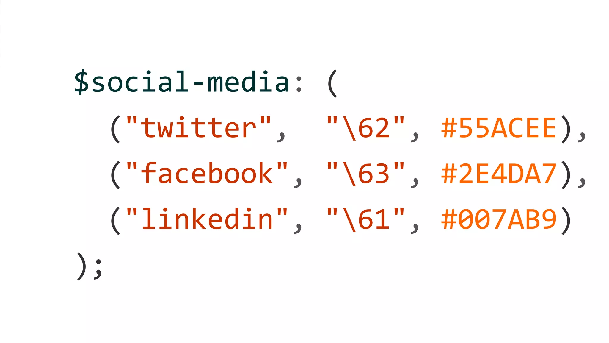 $social-media: (
("twitter", "62", #55ACEE),
("facebook", "63", #2E4DA7),
("linkedin", "61", #007AB9)
);
 