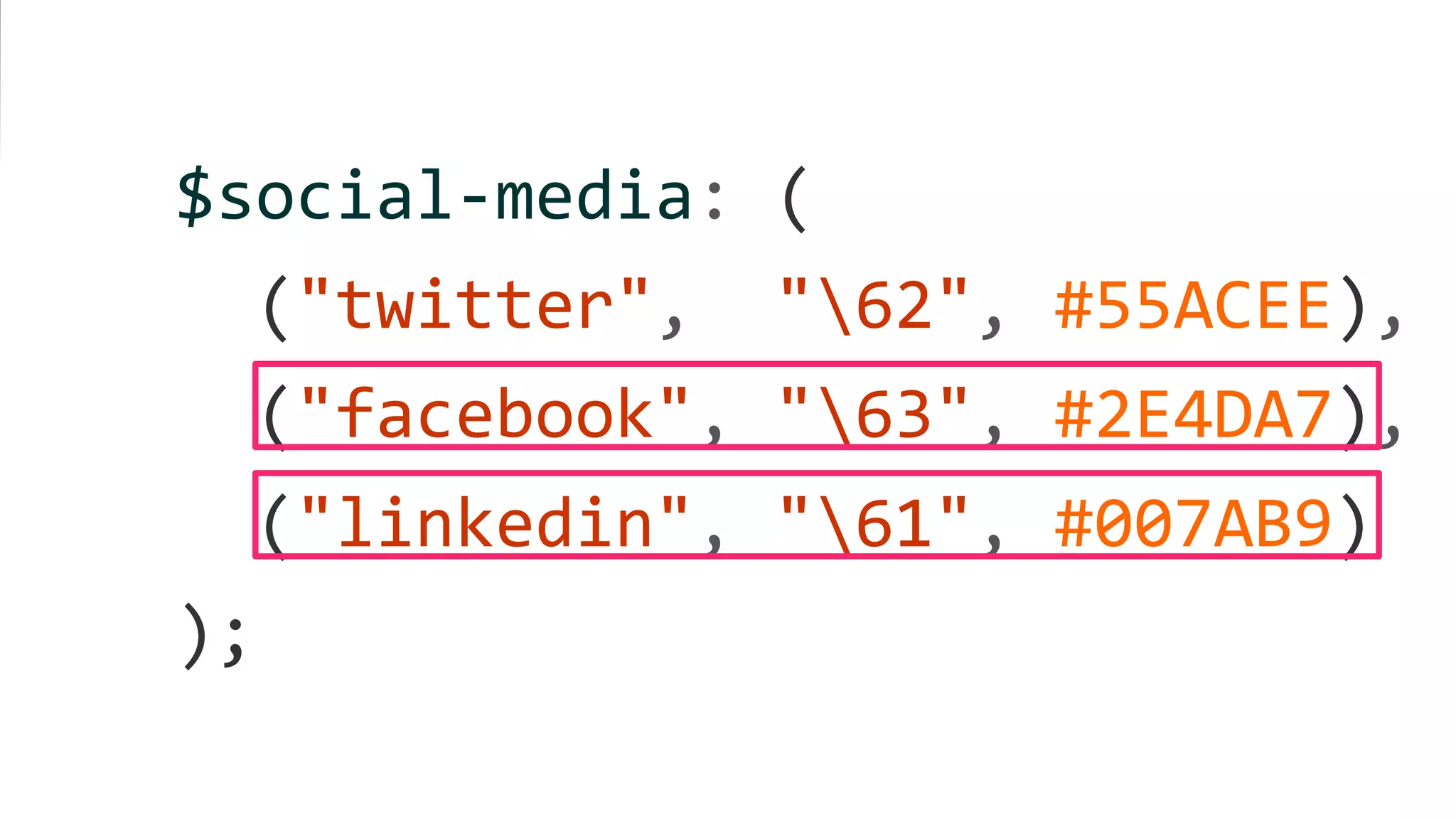 $social-media: (
("twitter", "62", #55ACEE),
("facebook", "63", #2E4DA7),
("linkedin", "61", #007AB9)
);
 