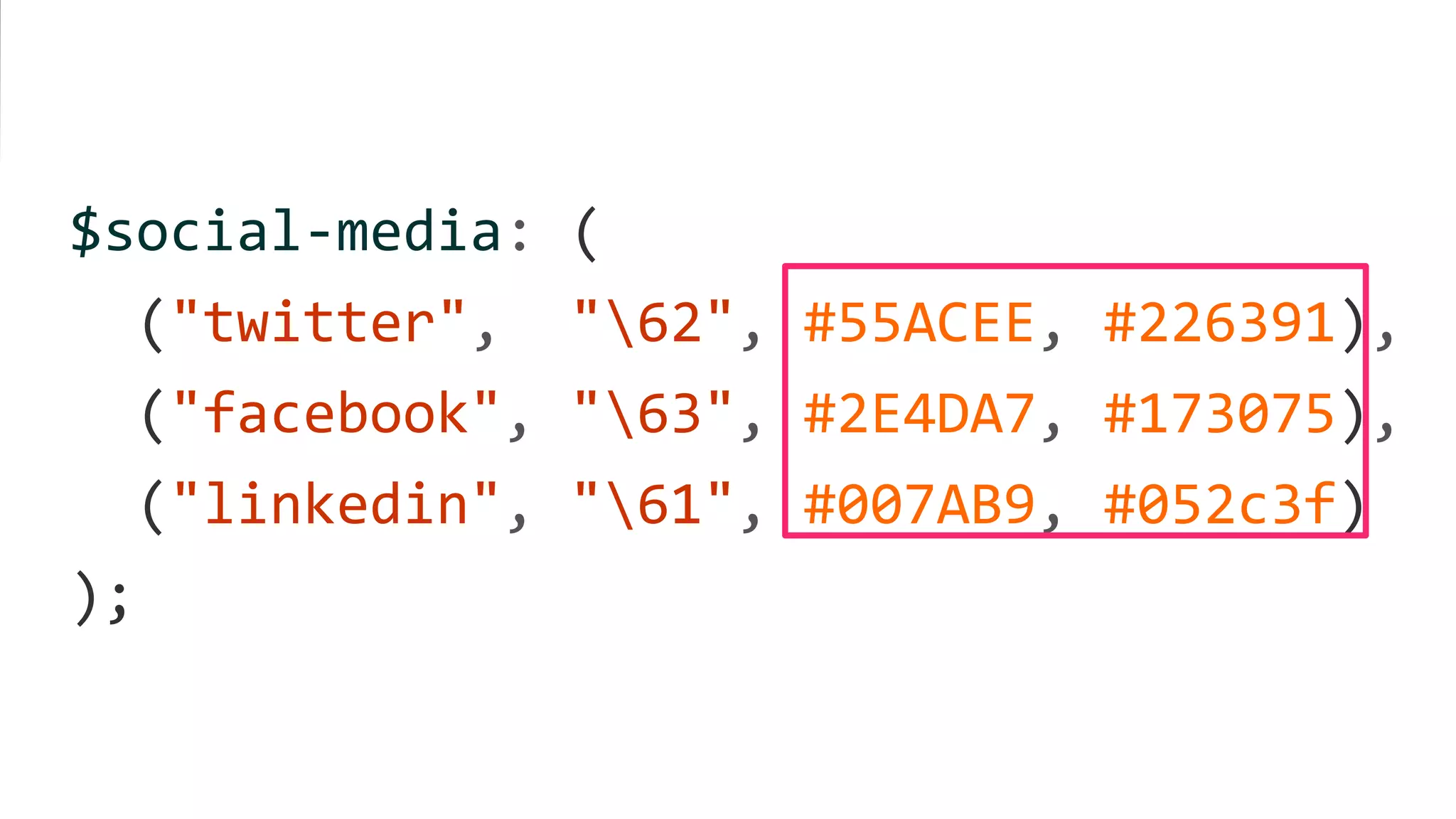 $social-media: (
("twitter", "62", #55ACEE, #226391),
("facebook", "63", #2E4DA7, #173075),
("linkedin", "61", #007AB9, #052c3f)
);
 