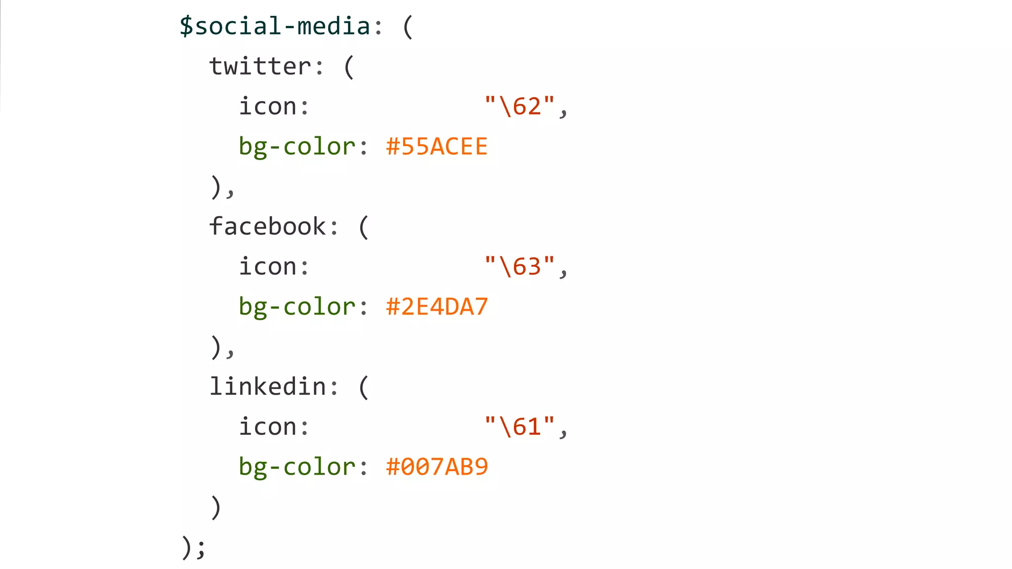 $social-media: (
twitter: (
icon: "62",
bg-color: #55ACEE
),
facebook: (
icon: "63",
bg-color: #2E4DA7
),
linkedin: (
icon: "61",
bg-color: #007AB9
)
);
 