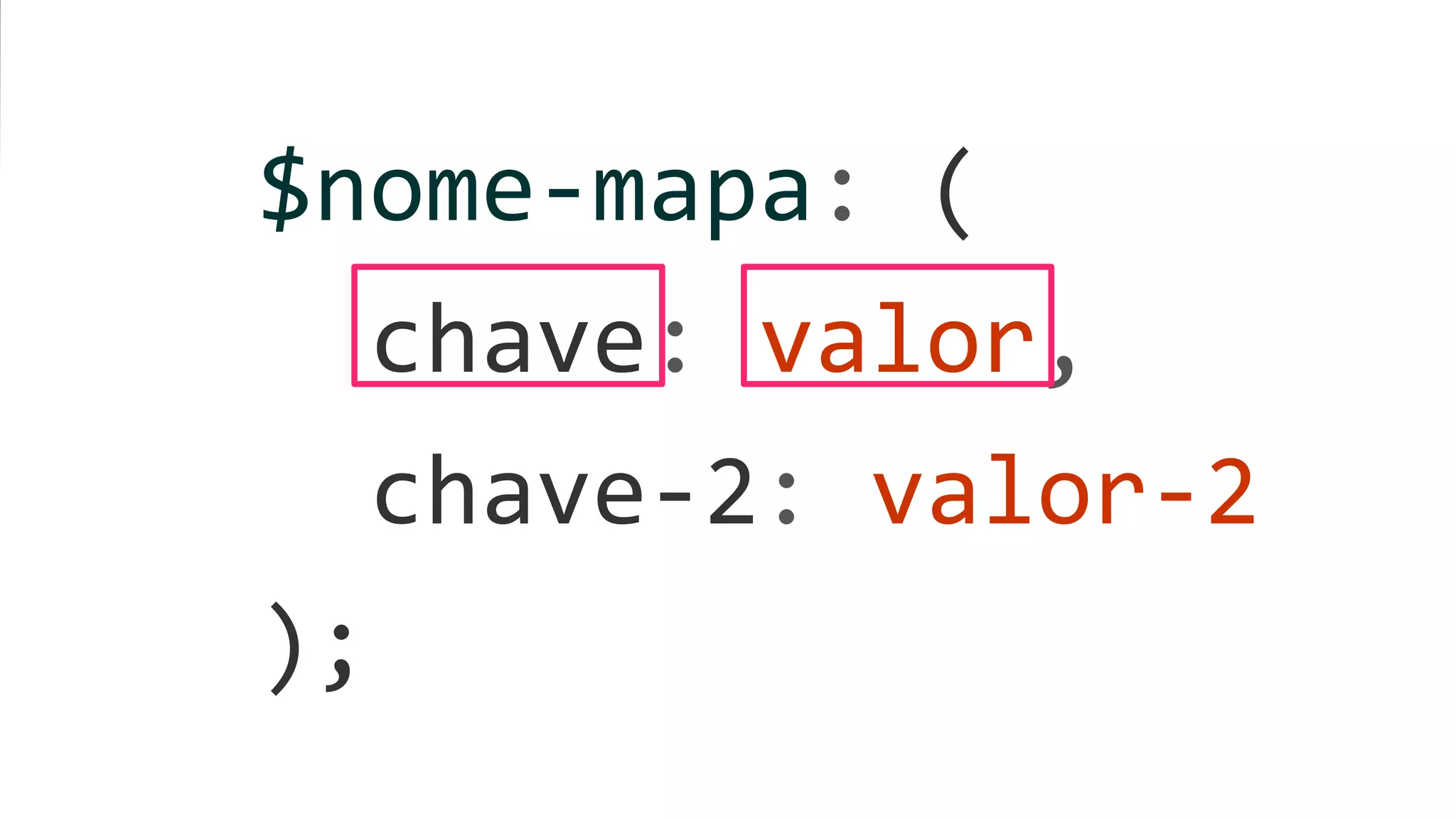 $nome-mapa: (
chave: valor,
chave-2: valor-2
);
 
