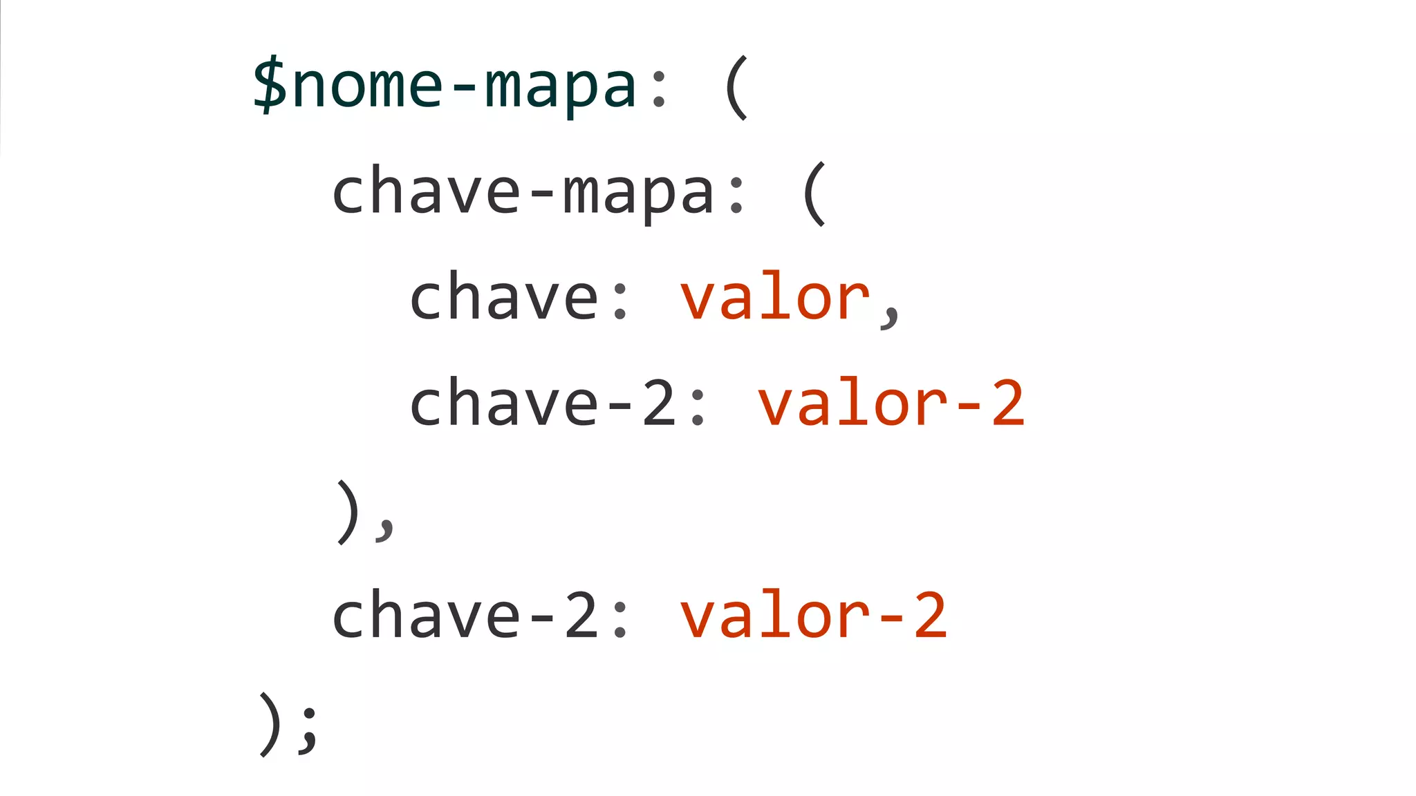 $nome-mapa: (
chave-mapa: (
chave: valor,
chave-2: valor-2
),
chave-2: valor-2
);
 