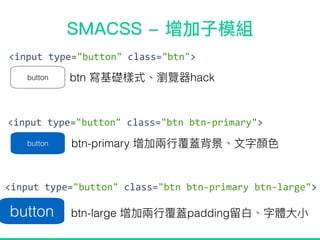 button
button
<input type="button" class="btn">
<input type="button" class="btn btn-primary">
<input type="button" class="btn btn-primary btn-large">
button
btn hack
btn-primary
btn-large padding
 
