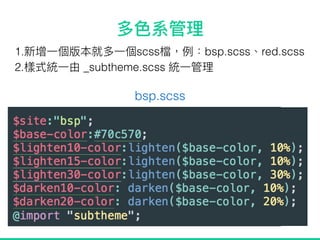 1. scss bsp.scss red.scss
2. _subtheme.scss
bsp.scss
 