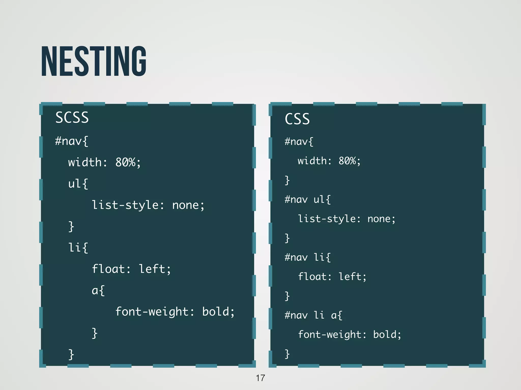 17
nesting
CSS	
#nav{	
	 width: 80%;	
}	
#nav ul{ 	
	 list-style: none;	
}	
#nav li{	
	 float: left;	
}	
#nav li a{	
	 font-weight: bold;	
}
SCSS	
#nav{	
	 width: 80%;	
	 ul{ 	
	 	 list-style: none;	
	 }	
	 li{	
	 	 float: left;	
	 	 a{	
	 	 	 font-weight: bold;	
	 	 }	
	 }	
 