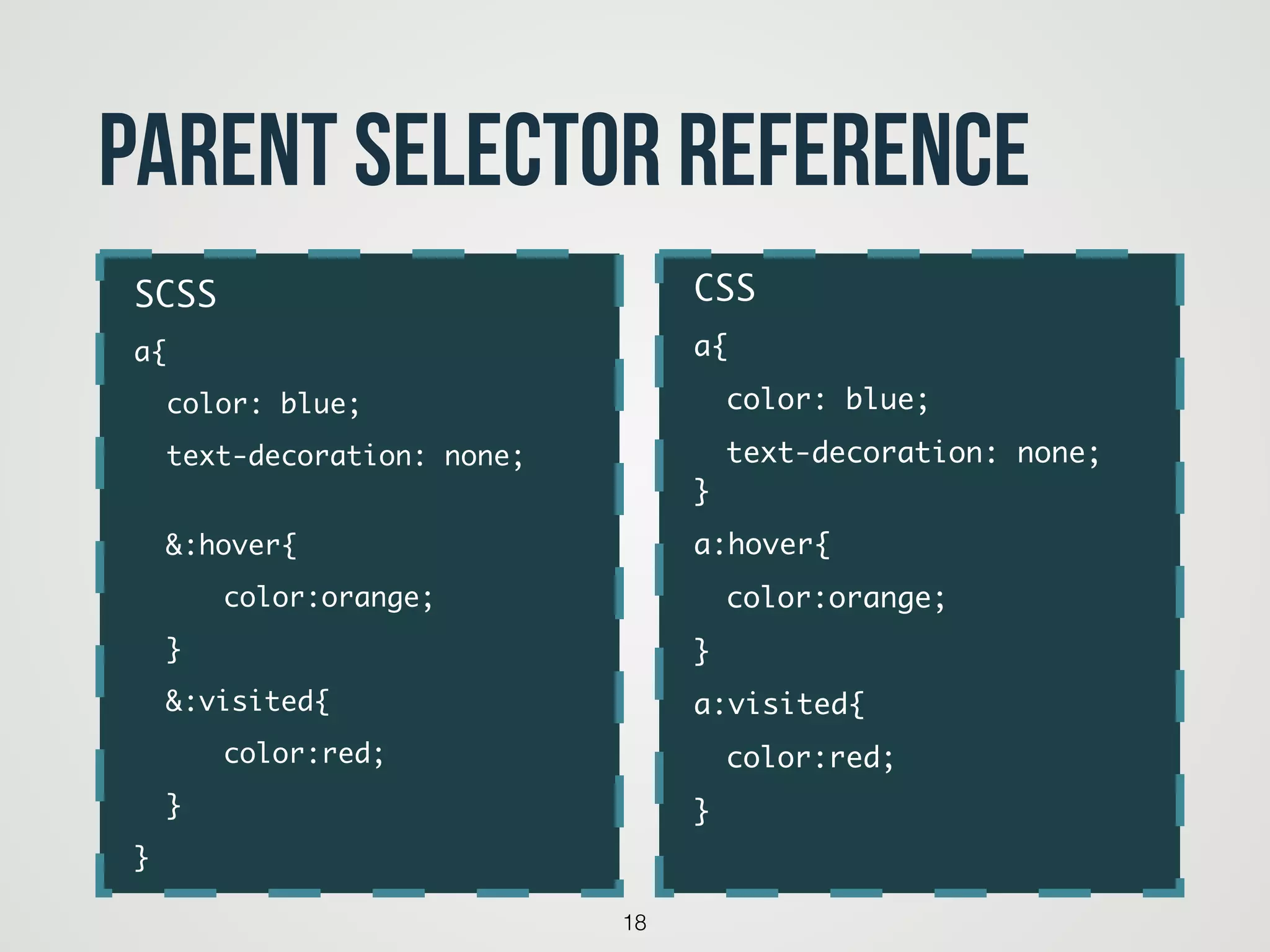 18
Parent Selector Reference
CSS	
a{	
	 color: blue;	
	 text-decoration: none; 
}	
a:hover{	
	 color:orange;		
}	
a:visited{	
	 color:red;	 	
}	
SCSS	
a{	
	 color: blue;	
	 text-decoration: none; 
	 	
	 &:hover{	
	 	 color:orange;		
	 }	
	 &:visited{	
	 	 color:red;		
	 }	
}
 