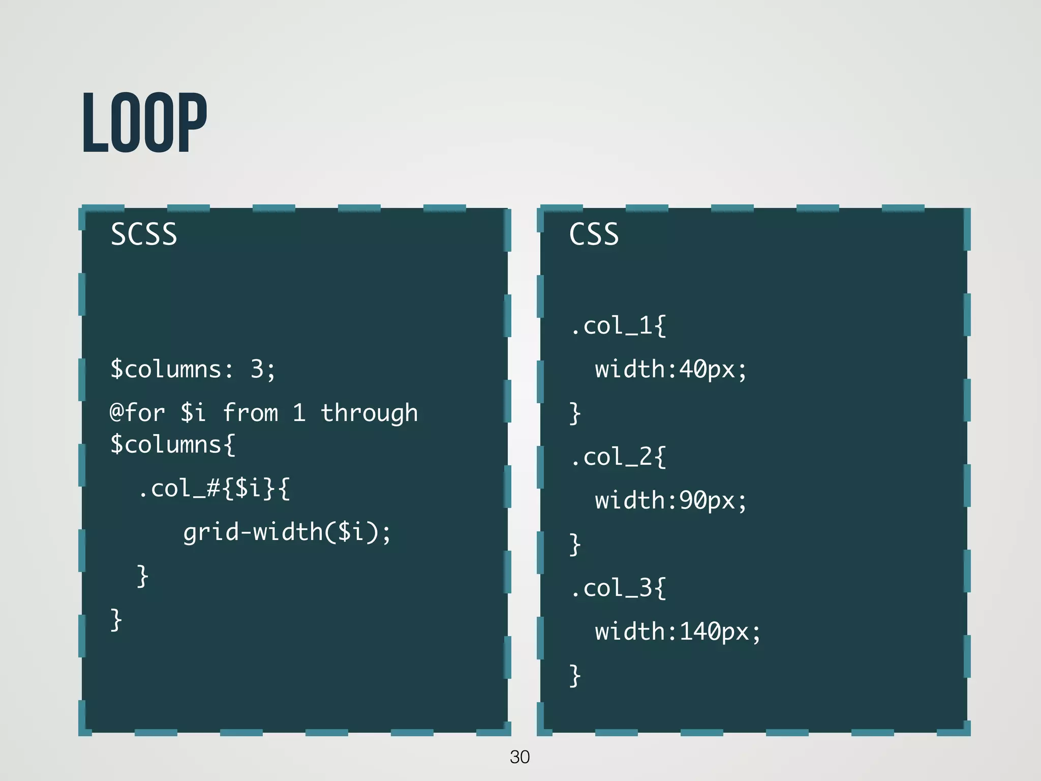 30
loop
CSS	
!
.col_1{	
	 width:40px;	
}	
.col_2{	
	 width:90px;	
}	
.col_3{	
	 width:140px;	
}
SCSS	
!
!
$columns: 3;	
@for $i from 1 through
$columns{	
	 .col_#{$i}{	
	 	 grid-width($i);	 	
	 }	
}
 