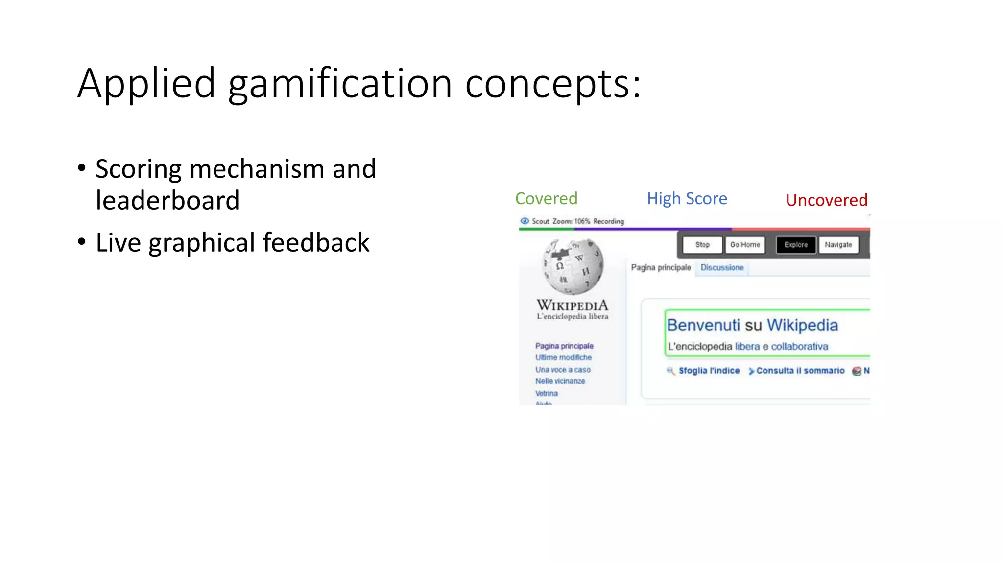 Applied gamification concepts:
• Scoring mechanism and
leaderboard
• Live graphical feedback
Covered Uncovered
High Score
 