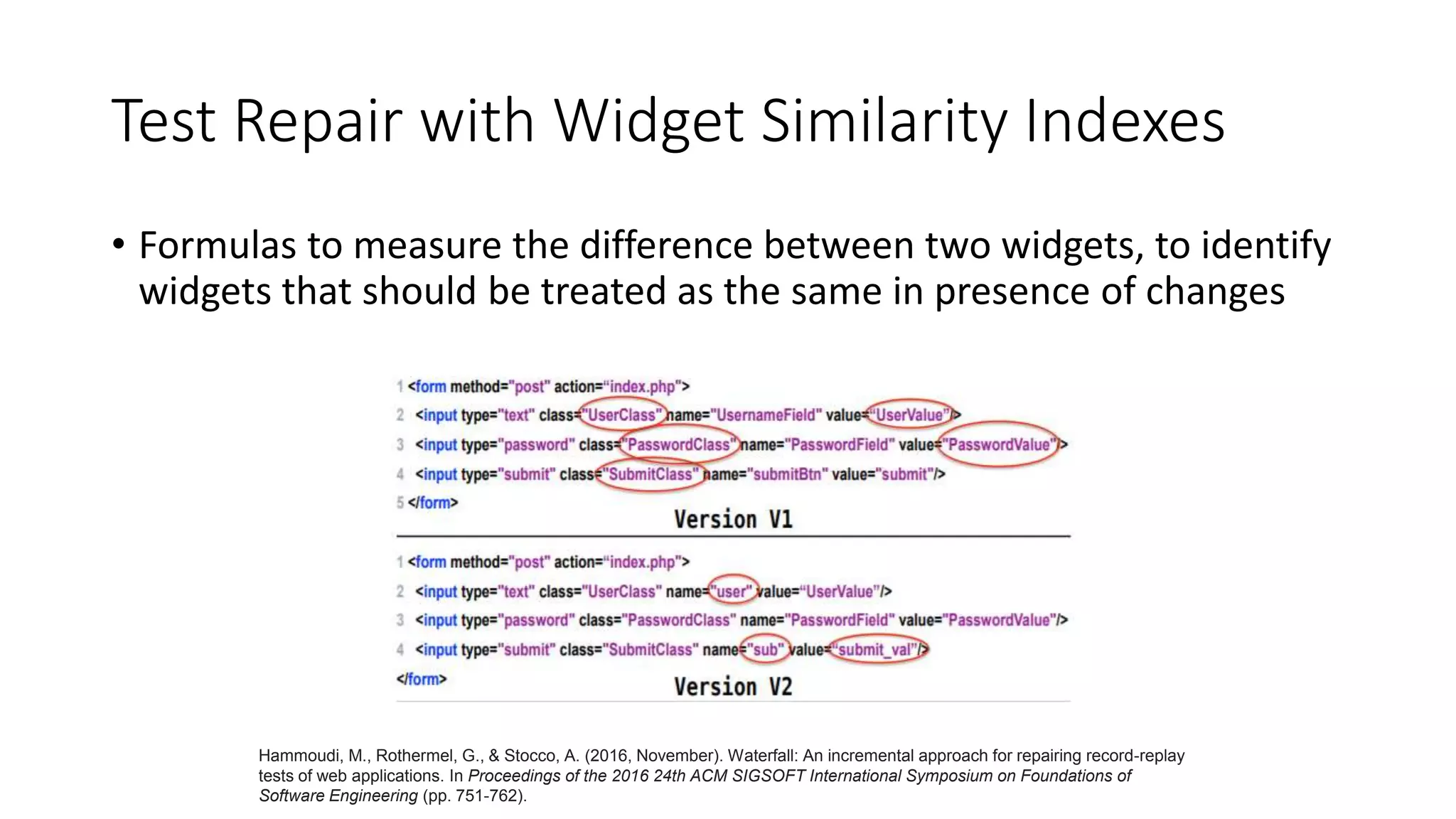 Test Repair with Widget Similarity Indexes
• Formulas to measure the difference between two widgets, to identify
widgets that should be treated as the same in presence of changes
Hammoudi, M., Rothermel, G., & Stocco, A. (2016, November). Waterfall: An incremental approach for repairing record-replay
tests of web applications. In Proceedings of the 2016 24th ACM SIGSOFT International Symposium on Foundations of
Software Engineering (pp. 751-762).
 