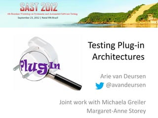Testing Plug-in
           Architectures
               Arie van Deursen
                 @avandeursen

Joint work with Michaela Greiler
          Margaret-Anne Storey
 