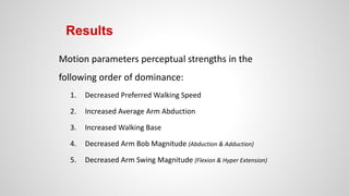 Results
Motion parameters perceptual strengths in the
following order of dominance:
1. Decreased Preferred Walking Speed
2. Increased Average Arm Abduction
3. Increased Walking Base
4. Decreased Arm Bob Magnitude (Abduction & Adduction)
5. Decreased Arm Swing Magnitude (Flexion & Hyper Extension)
 