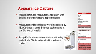 Appearance Capture
 10 appearances measurements taken with
scales, height chart and tape measure
 Measurement techniques were instructed by
ISAK trained Sports Science technicians in
the School of Health
 Body Fat % measurement recorded using
an InBody 720 bio-electrical impedance
meter
METRIC
Ref No.
Date
Time
Height (m)
BodyMass (weight kg)
Age (years
Gender
BMI =
STRUCTURAL LENGTHS (m)
Foot to hip
CIRCUMFERENCE (m)
Neck
Chest
Bicep/ arm girth relaxed
Waist/ Abdominal
Upper Body Total (m) =
Hip / Gluteal girth
Thigh
Calf
Lower Body Total (m) =
Circumference Total (m) =
Waist to Hip Ratio =
Body Fat % =
 