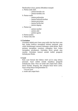 Berdasarkan isinya, pantun dibedakan menjadi
  a. Pantun anak-anak
             - pantun bersuka cita
             - pantun berduka cita
  b. Pantun muda
             - pantun perkenalan
             - pantun berkasih-kasihan
             - pantun perceraian
             - pantun beriba hati
             - pantun dagang
  c. Pantun tua
             - pantun nasehat
             - pantun adat
             - pantun agama
  d. Pantun jenaka
  e. Pantun teka-teki

4. Gurindam
   Gurindam adalah puisi lama yang terdiri dari dua baris satu
   bait, kedua lariknya merupakan kalimat majemuk yang
   selalu berhubungan menurut hubungan sebab-akibat. Baris
   pertama merupakan syaratnya sedangkan baris kedua
   merupakan jawabannya. Gurindam berisi petuah atau
   nasehat. Gurindam muncul setelah timbul pengaruh
   kebudayaan Hindu.

5. Syair
   Kata syair berasal dari bahasa Arab syu’ur yang artinya
   perasaan. Syair timbul setelah terjadinya pengaruh
   kebudayaan islam. Puisi ini terdiri dari empat baris sebait,
   berisi nasehat, dongeng, dan sebagian besar berisi cerita.
   Syair sering hanya mengutamakan isi.
      Ciri-ciri syair
   a. terdiri dari empat baris


                                                              7
 