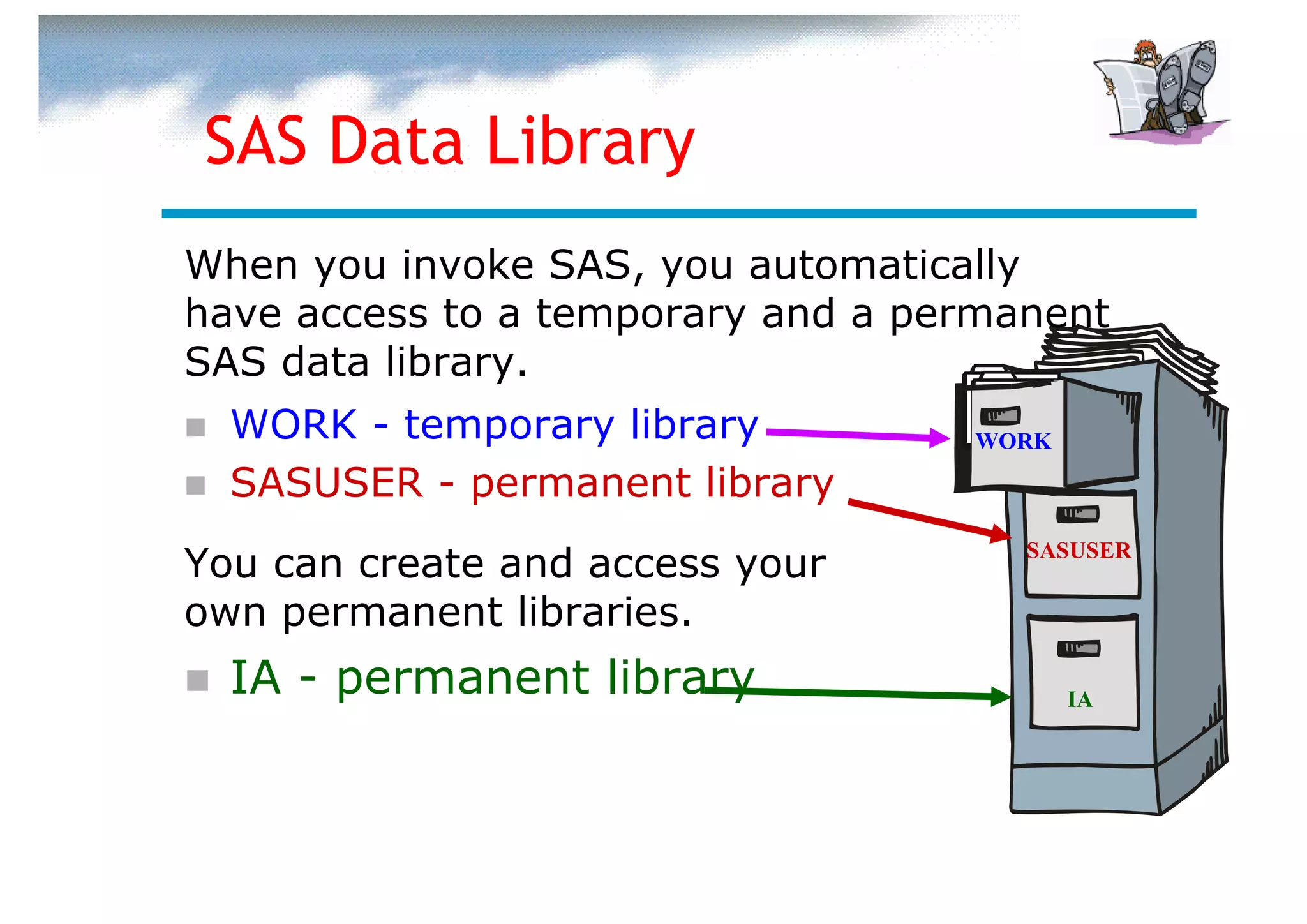 SAS Data Library
When you invoke SAS, you automatically
have access to a temporary and a permanent
SAS data library.
  WORK - temporary library         WORK

  SASUSER - permanent library
You can create and access your        SASUSER

own permanent libraries.
  IA - permanent library                  IA
 