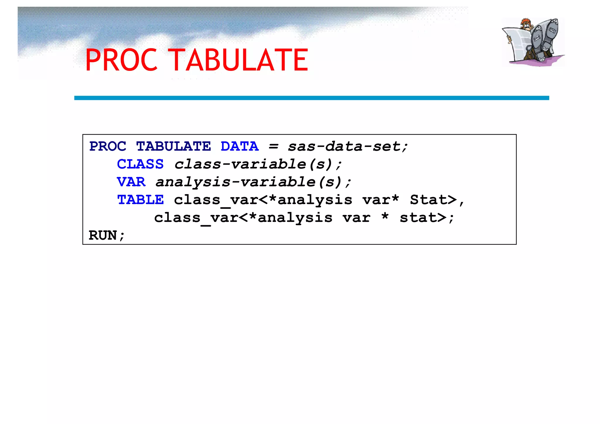 PROC TABULATE

PROC TABULATE DATA = sas-data-set;
   CLASS class-variable(s);
   VAR analysis-variable(s);
   TABLE class_var<*analysis var* Stat>,
       class_var<*analysis var * stat>;
RUN;
 