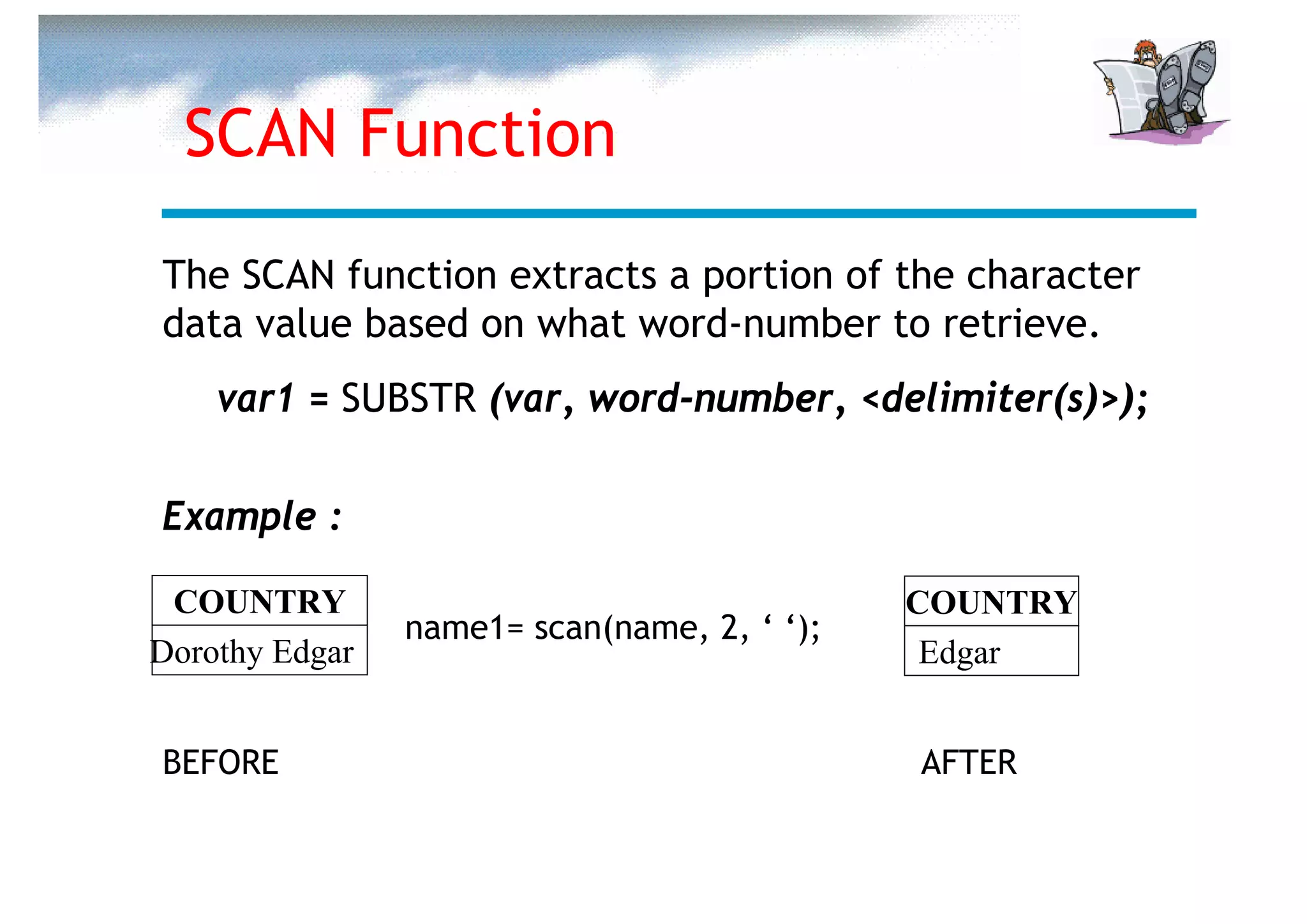 SCAN Function
The SCAN function extracts a portion of the character
data value based on what word-number to retrieve.
    var1 = SUBSTR (var, word-number, <delimiter(s)>);

Example :

 COUNTRY                                     COUNTRY
                name1= scan(name, 2, ‘ ‘);
Dorothy Edgar                                 Edgar


BEFORE                                       AFTER
 