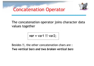 Concatenation Operator

The concatenation operator joins character data
values together

             var = var1 !! var2;

Besides !!, the other concatenation chars are :
Two vertical bars and two broken vertical bars
 