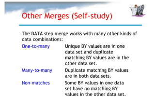 Other Merges (Self-study)

The DATA step merge works with many other kinds of
data combinations:
One-to-many        Unique BY values are in one
                   data set and duplicate
                   matching BY values are in the
                   other data set.
Many-to-many       Duplicate matching BY values
                   are in both data sets.
Non-matches        Some BY values in one data
                   set have no matching BY
                   values in the other data set.
 