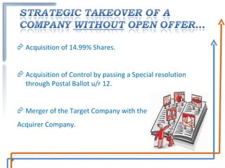 Acquisition of 14.99% Shares. Acquisition of Control by passing a Special resolution through Postal Ballot u/r 12. Merger of the Target Company with the  Acquirer Company.  