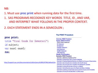 NB:
1. Must use proc print when running data for the first time.
1. SAS PROGRAMS RECOGNIZE KEY WORDS TITLE, ID , AND VAR,
    AND INTERPRET WHAT FOLLOWS IN THE PROPER CONTEXT.
2. EACH STATEMENT ENDS IN A SEMICOLON ;




http://support.sas.com/documentation/cdl/en/proc/61895/HTML/default/viewer.htm#a002262171.htm
 