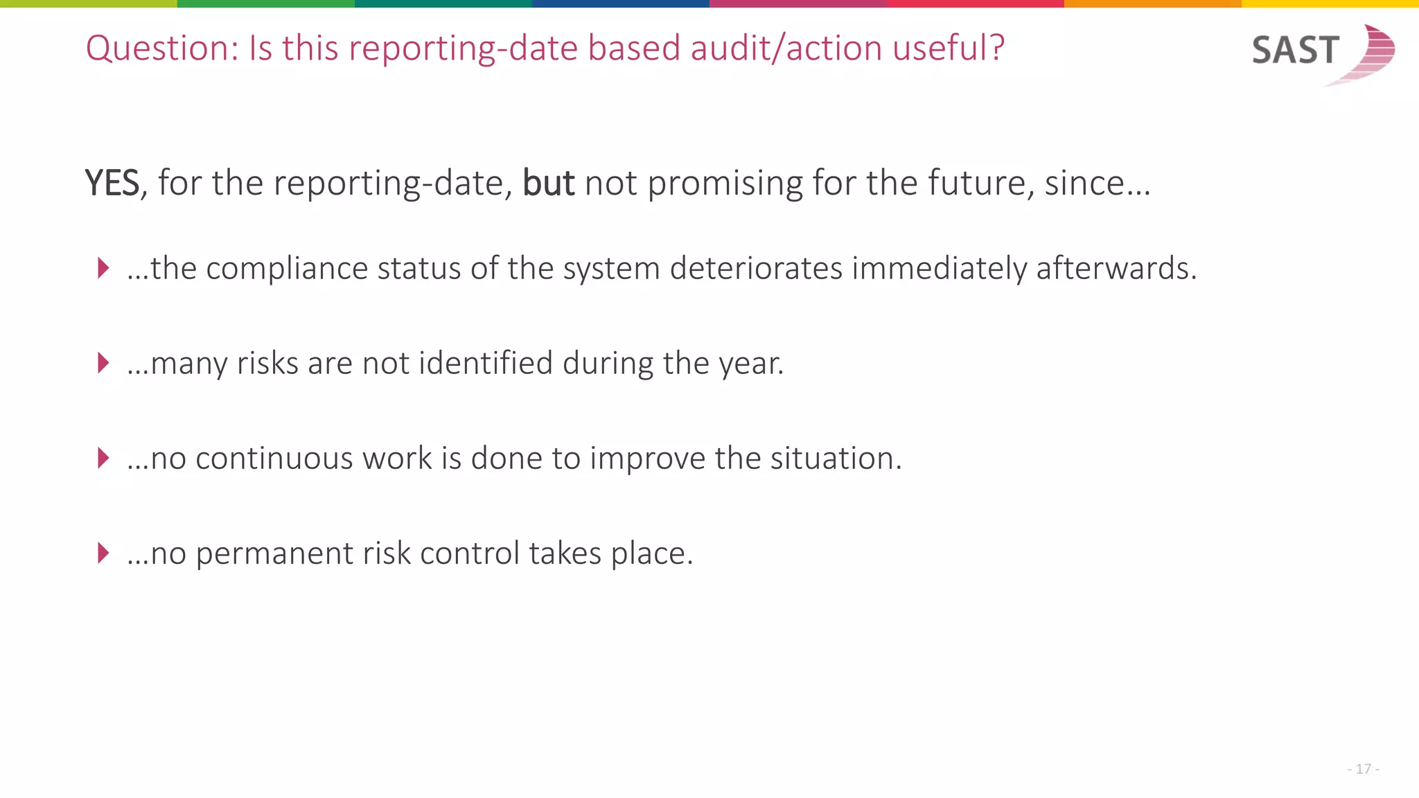 YES, for the reporting-date, but not promising for the future, since…
 …the compliance status of the system deteriorates immediately afterwards.
 …many risks are not identified during the year.
 …no continuous work is done to improve the situation.
 …no permanent risk control takes place.
Question: Is this reporting-date based audit/action useful?
- 17 -
 
