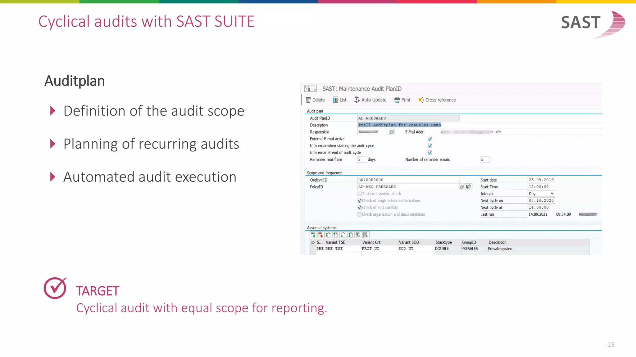 Auditplan
 Definition of the audit scope
 Planning of recurring audits
 Automated audit execution
Cyclical audits with SAST SUITE
- 23 -
TARGET
Cyclical audit with equal scope for reporting.
✓
 