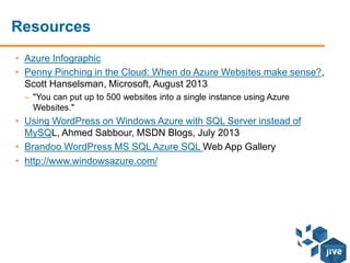 Demo – 2 Options
Azure Control Panel
Create a New Azure Web Site
Other Blog topics if not covered so far:
Responsive Design
Page Load Speed Testing
Search Considerations
 