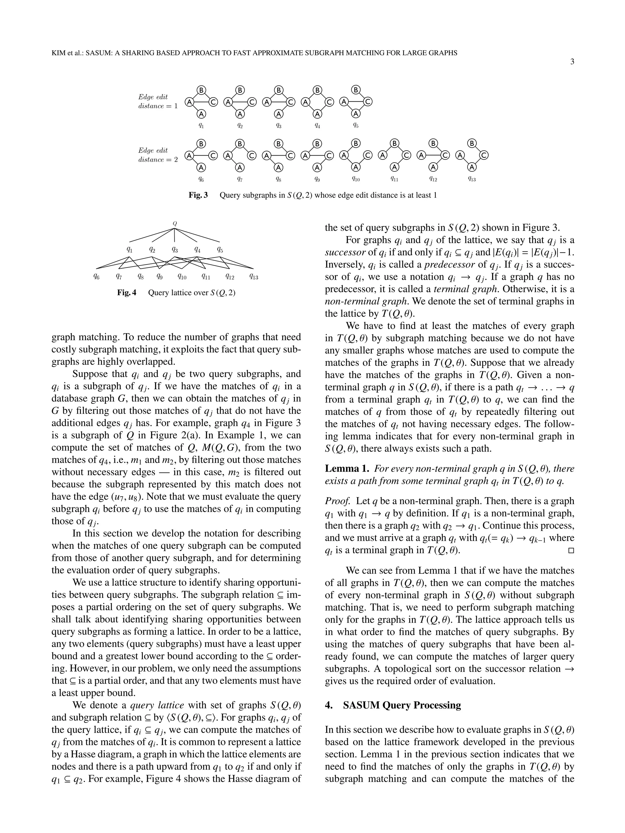 KIM et al.: SASUM: A SHARING BASED APPROACH TO FAST APPROXIMATE SUBGRAPH MATCHING FOR LARGE GRAPHS
3
3 KAIST Database Lab. ©shkim
Query Subgraphs
q1
A
A
B
C
q2
A
A
B
C
q3
A
A
B
C
q4
A
A
B
C
q5
A
A
B
C
q6
A
A
B
C
q7
A
A
B
C
q8
A
A
B
C
q9
A
A
B
C
q10
A
A
B
C
q11
A
A
B
C
q12
A
A
B
C
q13
A
A
B
C
Edge edit
distance = 1
Edge edit
distance = 2
Fig. 3 Query subgraphs in S (Q, 2) whose edge edit distance is at least 1
4 KAIST Database Lab. ©shkim
Query Lattice
Q
q1 q3 q4 q5
q6 q7 q8 q9 q10
q2
q11 q12 q13
theta = 2
Fig. 4 Query lattice over S (Q, 2)
graph matching. To reduce the number of graphs that need
costly subgraph matching, it exploits the fact that query sub-
graphs are highly overlapped.
Suppose that qi and qj be two query subgraphs, and
qi is a subgraph of qj. If we have the matches of qi in a
database graph G, then we can obtain the matches of qj in
G by ﬁltering out those matches of qj that do not have the
additional edges qj has. For example, graph q4 in Figure 3
is a subgraph of Q in Figure 2(a). In Example 1, we can
compute the set of matches of Q, M(Q,G), from the two
matches of q4, i.e., m1 and m2, by ﬁltering out those matches
without necessary edges — in this case, m2 is ﬁltered out
because the subgraph represented by this match does not
have the edge (u7, u8). Note that we must evaluate the query
subgraph qi before qj to use the matches of qi in computing
those of qj.
In this section we develop the notation for describing
when the matches of one query subgraph can be computed
from those of another query subgraph, and for determining
the evaluation order of query subgraphs.
We use a lattice structure to identify sharing opportuni-
ties between query subgraphs. The subgraph relation ⊆ im-
poses a partial ordering on the set of query subgraphs. We
shall talk about identifying sharing opportunities between
query subgraphs as forming a lattice. In order to be a lattice,
any two elements (query subgraphs) must have a least upper
bound and a greatest lower bound according to the ⊆ order-
ing. However, in our problem, we only need the assumptions
that ⊆ is a partial order, and that any two elements must have
a least upper bound.
We denote a query lattice with set of graphs S (Q, θ)
and subgraph relation ⊆ by S (Q, θ), ⊆ . For graphs qi, qj of
the query lattice, if qi ⊆ qj, we can compute the matches of
qj from the matches of qi. It is common to represent a lattice
by a Hasse diagram, a graph in which the lattice elements are
nodes and there is a path upward from q1 to q2 if and only if
q1 ⊆ q2. For example, Figure 4 shows the Hasse diagram of
the set of query subgraphs in S (Q, 2) shown in Figure 3.
For graphs qi and qj of the lattice, we say that qj is a
successor of qi if and only if qi ⊆ qj and |E(qi)| = |E(qj)|−1.
Inversely, qi is called a predecessor of qj. If qj is a succes-
sor of qi, we use a notation qi → qj. If a graph q has no
predecessor, it is called a terminal graph. Otherwise, it is a
non-terminal graph. We denote the set of terminal graphs in
the lattice by T(Q, θ).
We have to ﬁnd at least the matches of every graph
in T(Q, θ) by subgraph matching because we do not have
any smaller graphs whose matches are used to compute the
matches of the graphs in T(Q, θ). Suppose that we already
have the matches of the graphs in T(Q, θ). Given a non-
terminal graph q in S (Q, θ), if there is a path qt → . . . → q
from a terminal graph qt in T(Q, θ) to q, we can ﬁnd the
matches of q from those of qt by repeatedly ﬁltering out
the matches of qt not having necessary edges. The follow-
ing lemma indicates that for every non-terminal graph in
S (Q, θ), there always exists such a path.
Lemma 1. For every non-terminal graph q in S (Q, θ), there
exists a path from some terminal graph qt in T(Q, θ) to q.
Proof. Let q be a non-terminal graph. Then, there is a graph
q1 with q1 → q by deﬁnition. If q1 is a non-terminal graph,
then there is a graph q2 with q2 → q1. Continue this process,
and we must arrive at a graph qt with qt(= qk) → qk−1 where
qt is a terminal graph in T(Q, θ).
We can see from Lemma 1 that if we have the matches
of all graphs in T(Q, θ), then we can compute the matches
of every non-terminal graph in S (Q, θ) without subgraph
matching. That is, we need to perform subgraph matching
only for the graphs in T(Q, θ). The lattice approach tells us
in what order to ﬁnd the matches of query subgraphs. By
using the matches of query subgraphs that have been al-
ready found, we can compute the matches of larger query
subgraphs. A topological sort on the successor relation →
gives us the required order of evaluation.
4. SASUM Query Processing
In this section we describe how to evaluate graphs in S (Q, θ)
based on the lattice framework developed in the previous
section. Lemma 1 in the previous section indicates that we
need to ﬁnd the matches of only the graphs in T(Q, θ) by
subgraph matching and can compute the matches of the
 
