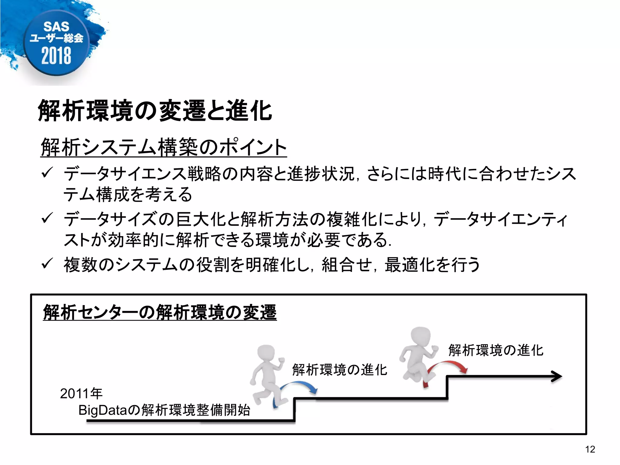 12
解析環境の変遷と進化
解析システム構築のポイント
 データサイエンス戦略の内容と進捗状況，さらには時代に合わせたシス
テム構成を考える
 データサイズの巨大化と解析方法の複雑化により，データサイエンティ
ストが効率的に解析できる環境が必要である．
 複数のシステムの役割を明確化し，組合せ，最適化を行う
2011年
BigDataの解析環境整備開始
解析環境の進化
解析環境の進化
解析センターの解析環境の変遷
 