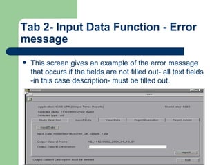 Tab 2- Input Data Function - Error message This screen gives an example of the error message that occurs if the fields are not filled out- all text fields -in this case description- must be filled out. 