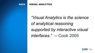 Copyright © 2012, SAS Institute Inc. All rights reserv ed.
PATH VISUAL ANALYTICS
“Visual Analytics is the science
of analytical reasoning
supported by interactive visual
interfaces.” -- Cook 2005
 