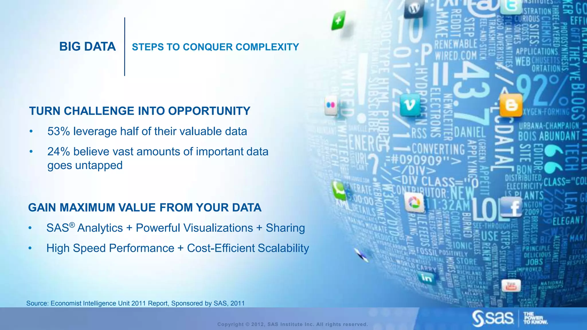 BIG DATA                STEPS TO CONQUER COMPLEXITY




TURN CHALLENGE INTO OPPORTUNITY
•     53% leverage half of their valuable data
•     24% believe vast amounts of important data
      goes untapped


GAIN MAXIMUM VALUE FROM YOUR DATA
•     SAS® Analytics + Powerful Visualizations + Sharing
•     High Speed Performance + Cost-Efficient Scalability



Source: Economist Intelligence Unit 2011 Report, Sponsored by SAS, 2011


                                                              Copyright © 2012, SAS Institute Inc. All rights reserved.
 