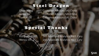 Copyright © SAS Institute Inc. All rights reserved.
S p e c i a l T h a n k s
Xiangqian Hu SAS Advanced Analytics R&D Cary
Wenyu Shi SAS Advanced Analytics R&D Cary
S t e e l D r a g o n
Olivia Wang Customer Advisory SAS China
Jackie Hu Customer Advisory SAS China
Tianlun Gu Customer Advisory SAS China
 